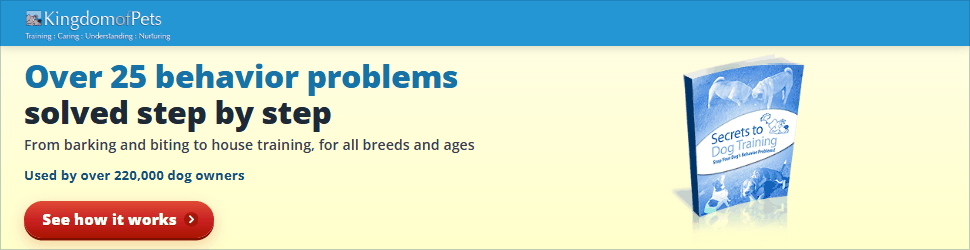 Over 25 behavior problems solved step by step, from barking and biting to house training, for all breeds and ages. Used by over 220,000 dog owners. Shown with the Secrets to Dog Training eBook cover.